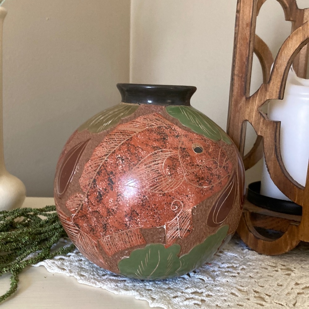 Hand Carved & Signed Clay Vase/Decor